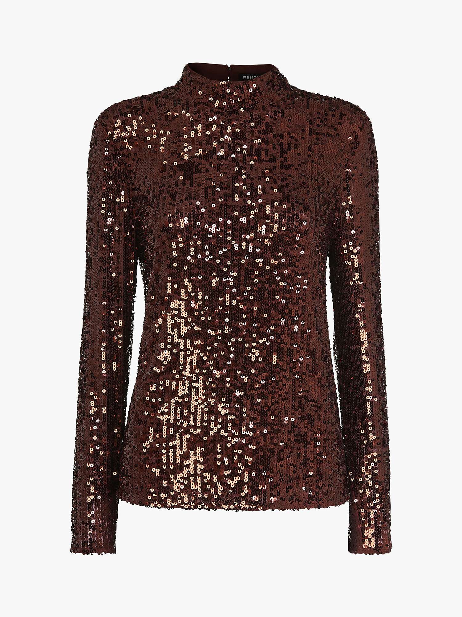 Whistles High Neck Sequin Top, Chocolate at John Lewis & Partners