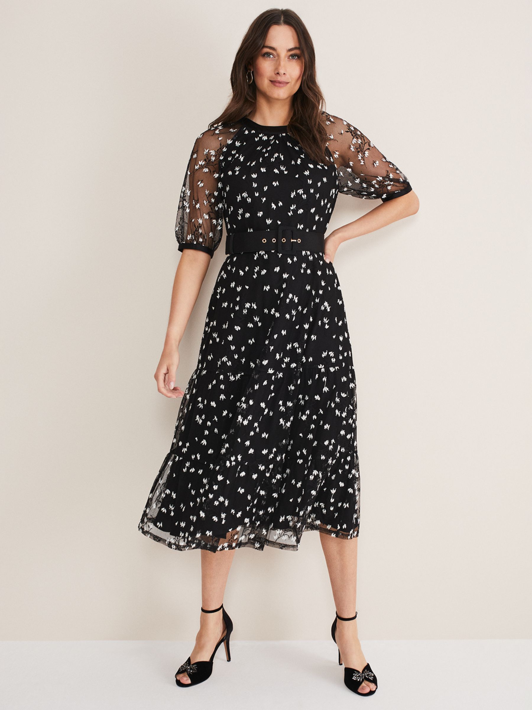 Phase Eight Freja Embroidered Dress, Black/Ivory