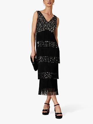 Monsoon Felicity Embellished Fringe Midi Dress, Black