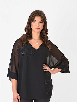 Live Unlimited Curve Star Stud Detail Chiffon Overlay Top, Black