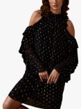 Mint Velvet Dobby Bardot Spotted Mini Dress, Black
