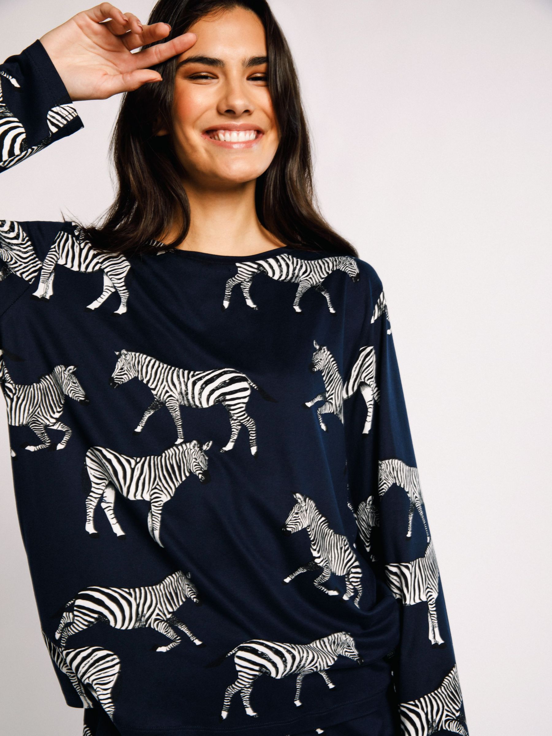 Chelsea Peers Zebra Print Recycled Pyjama Set, Navy/Multi, XS