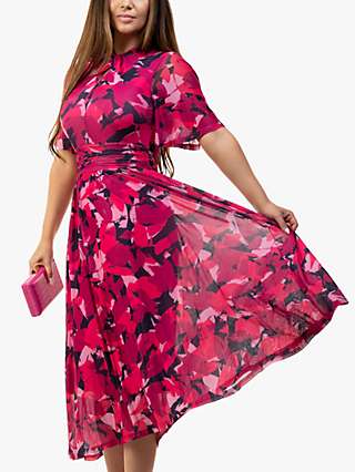 Jolie Moi Tina Abstract Print Twisted Neck Mesh Midi Dress, Pink