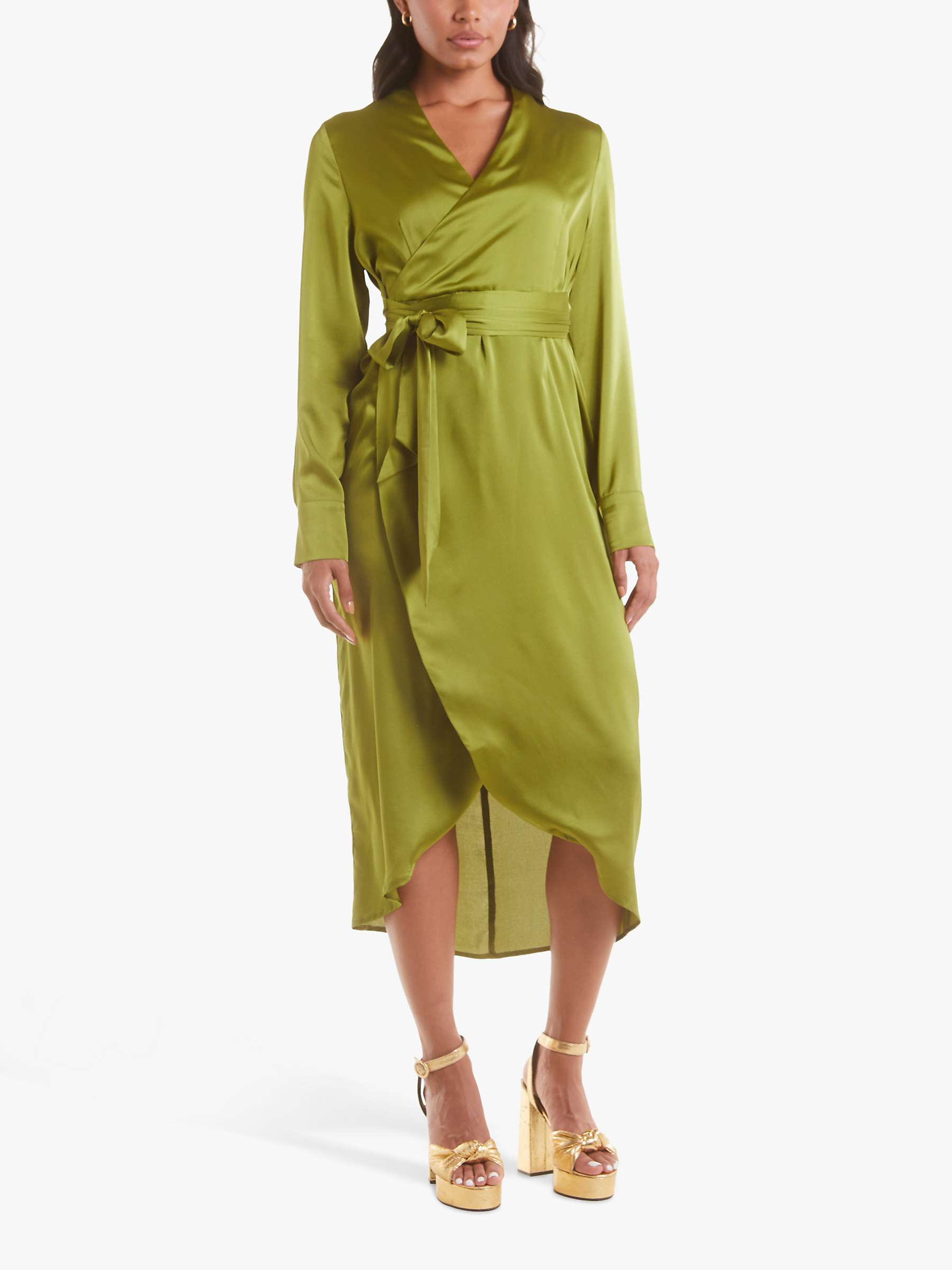 Never Fully Dressed Plain Satin Wrap Dress, Green at John Lewis \u0026 Partners