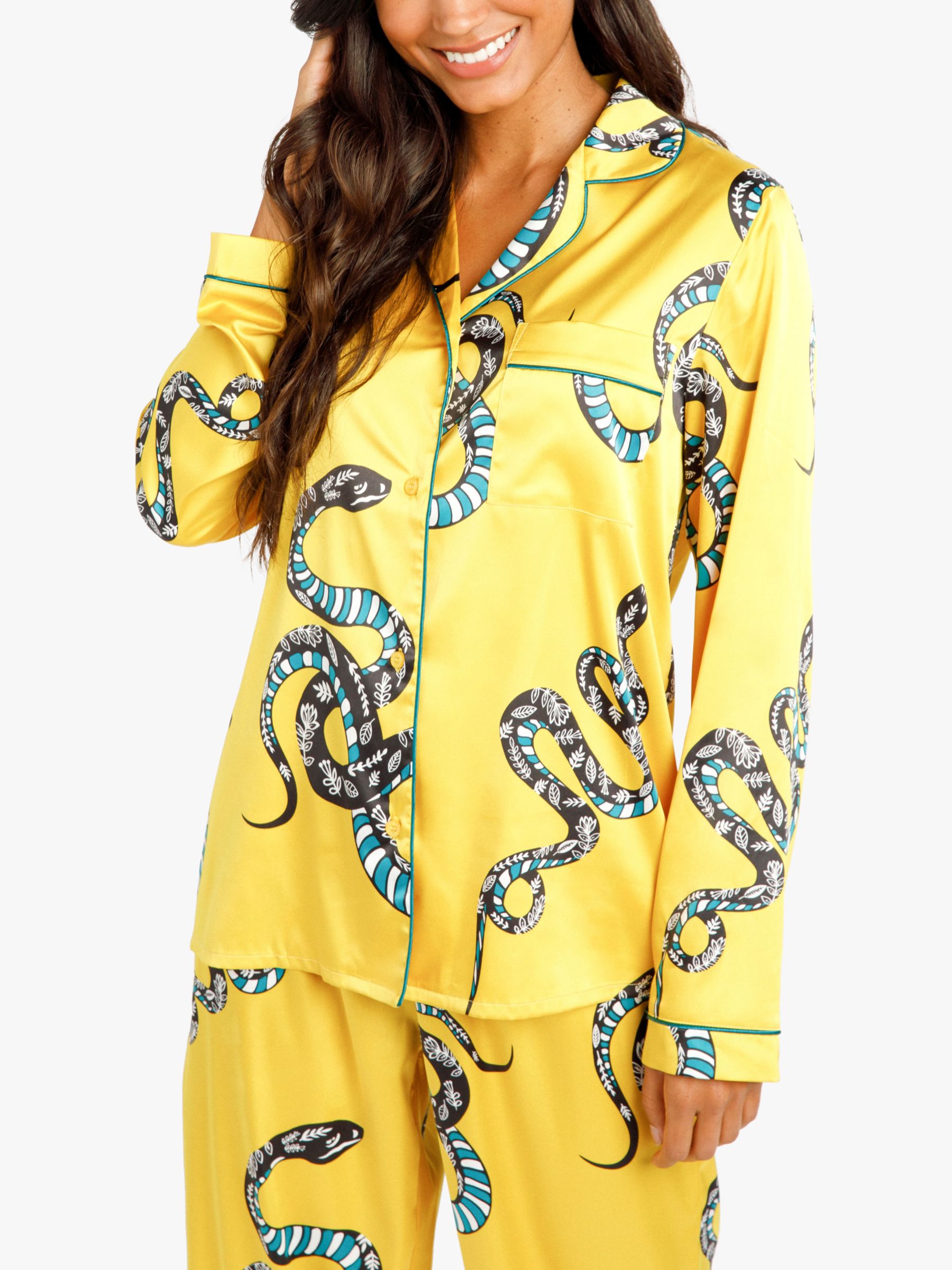 Chelsea Peers Luxe Mystic Serpent Print Pyjama Set, Mustard, XS