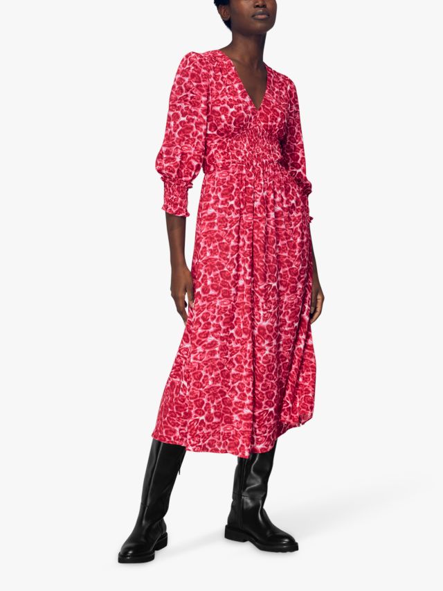 Whistles Clouded Leopard Print Midi Dress, Pink/Multi, 8