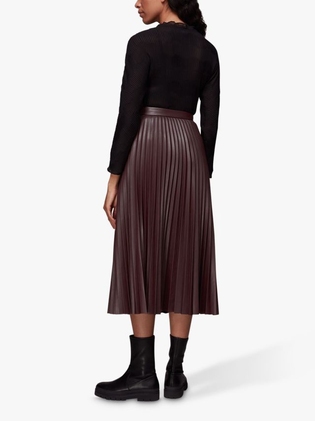 Whistles Pleated Faux Leather Midi Skirt, Chocolate, 6