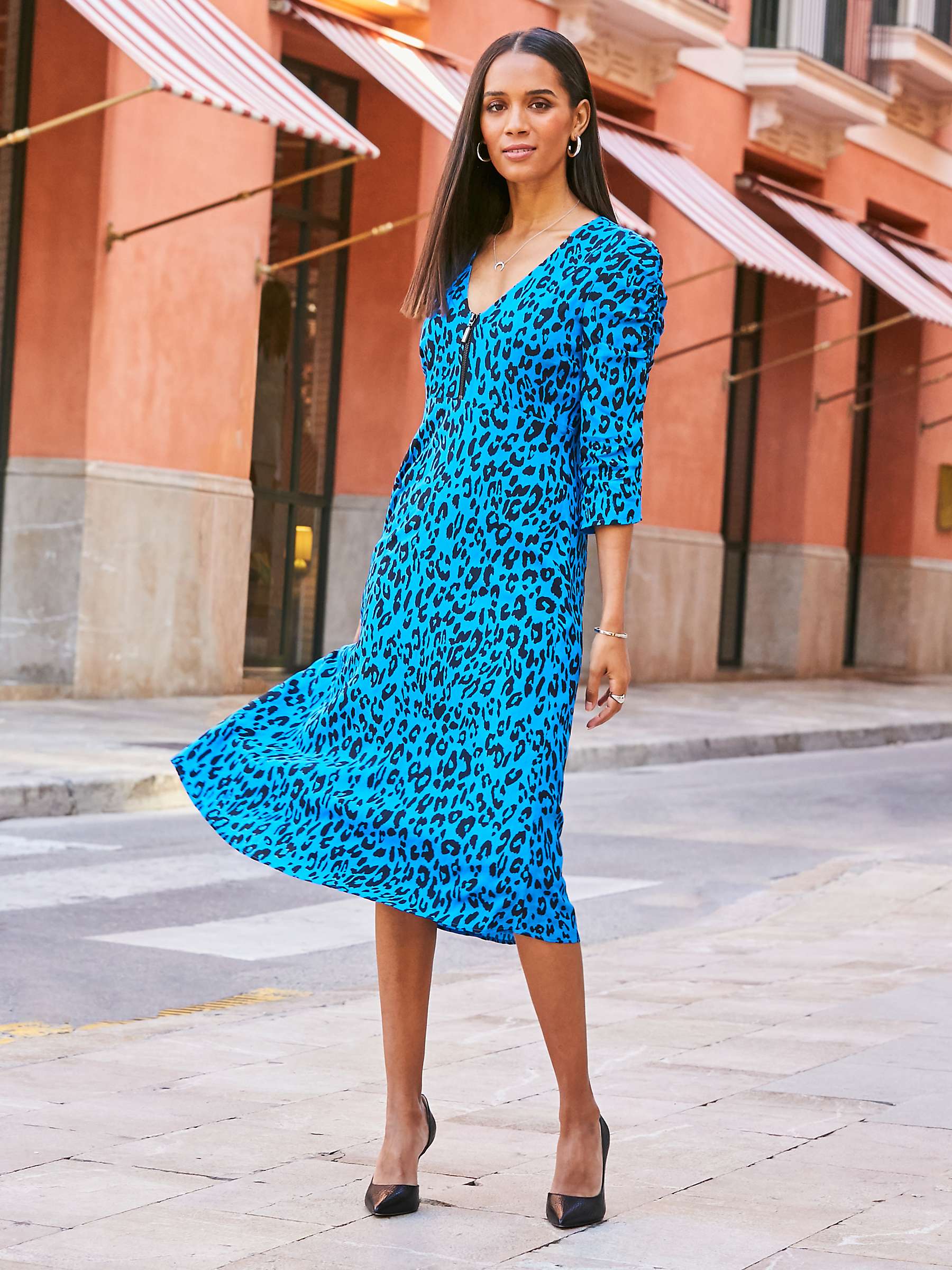 Sosandar Zip Neck Leopard Print Dress, Blue at John Lewis & Partners