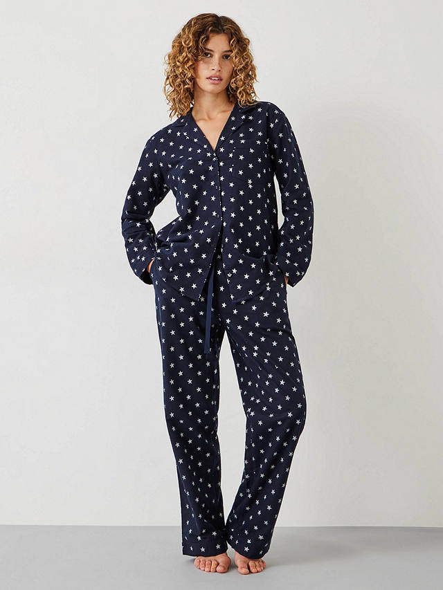 HUSH Joy Star Organic Cotton Flannel Pyjama Bottoms, Navy/Silver at ...