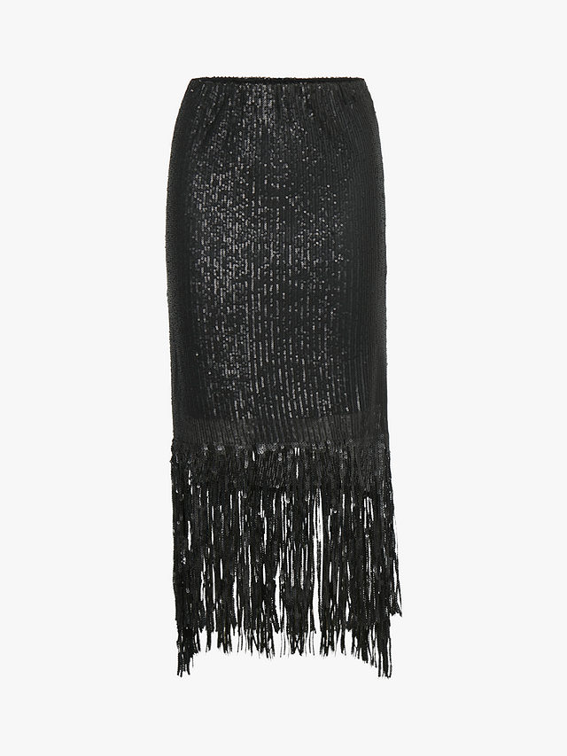 Soaked In Luxury Sequin Fringe Midi Pencil Skirt, Black, XS