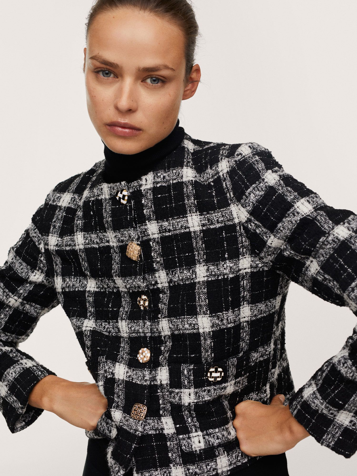 Mango Silvana Check Tweed Jacket, Black/Multi at John Lewis & Partners