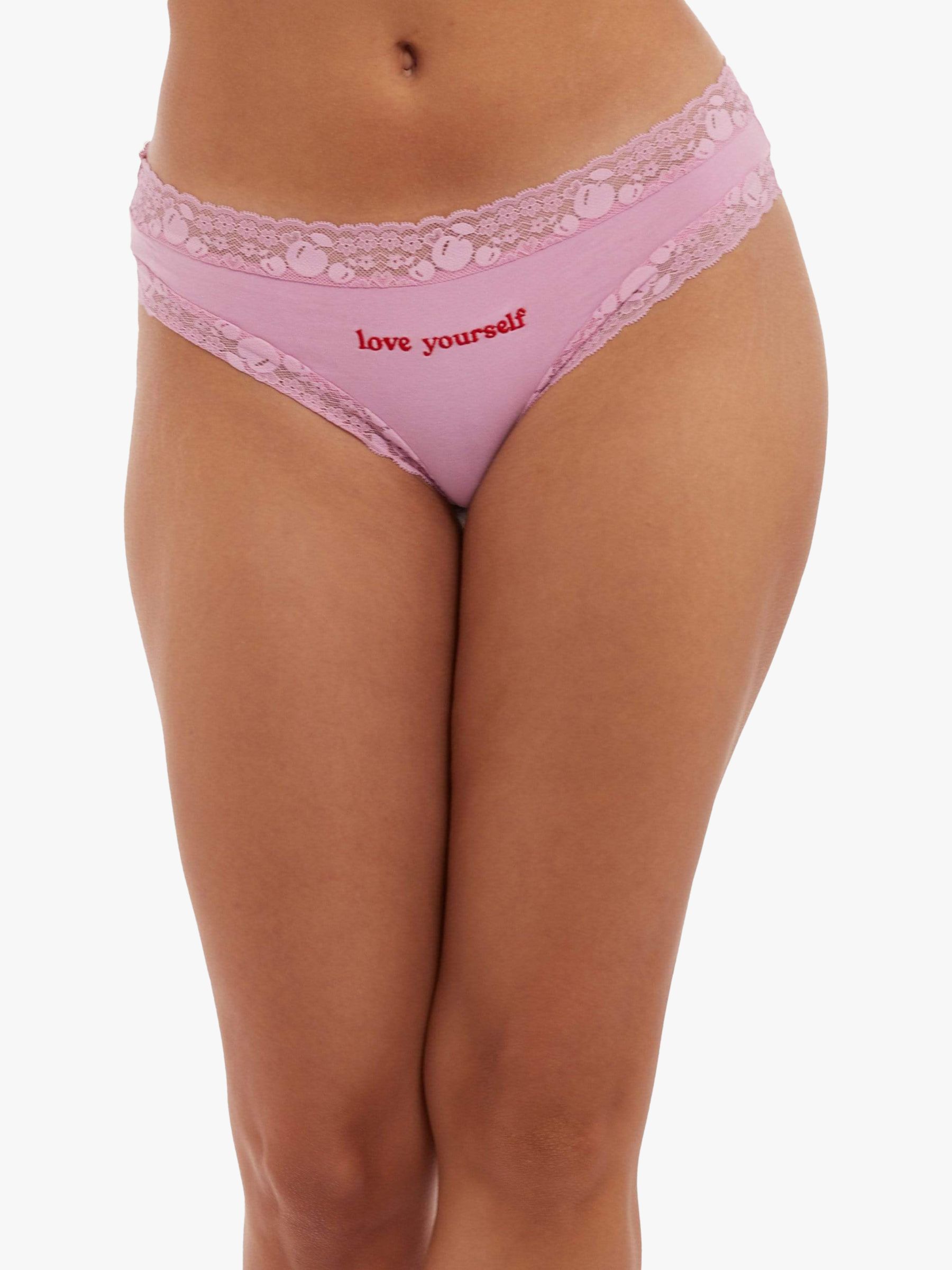 Squish x Playful Promises Feel Good Embroidered Jersey Bikini Knickers, Love Yourself, Pink