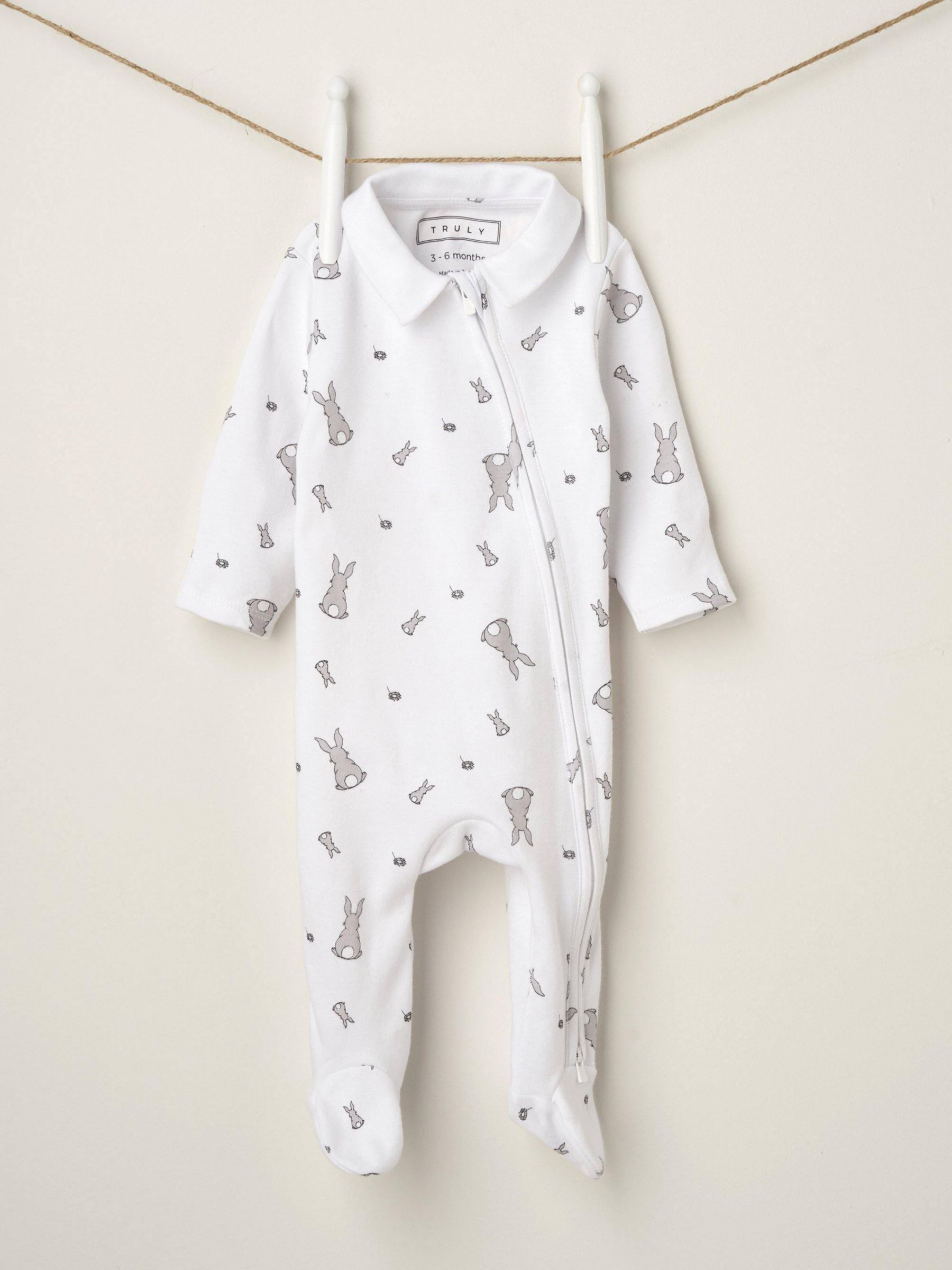 Truly Baby Bunny Print Collared Babygrow, White, 0-3 months