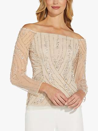 Adrianna Papell Mesh Sleeve Beaded Top, Biscotti