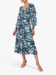 Monsoon Briony Abstract Print Shimmer Midi Dress, Navy/Multi