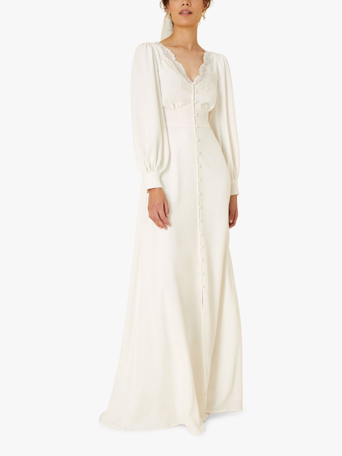 Monsoon Lace Neckline Long Sleeve Maxi Wedding Dress, Ivory