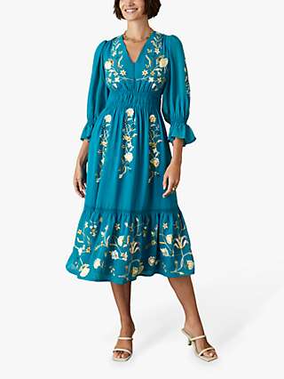 Monsoon Beth Embroidered Midi Dress, Teal
