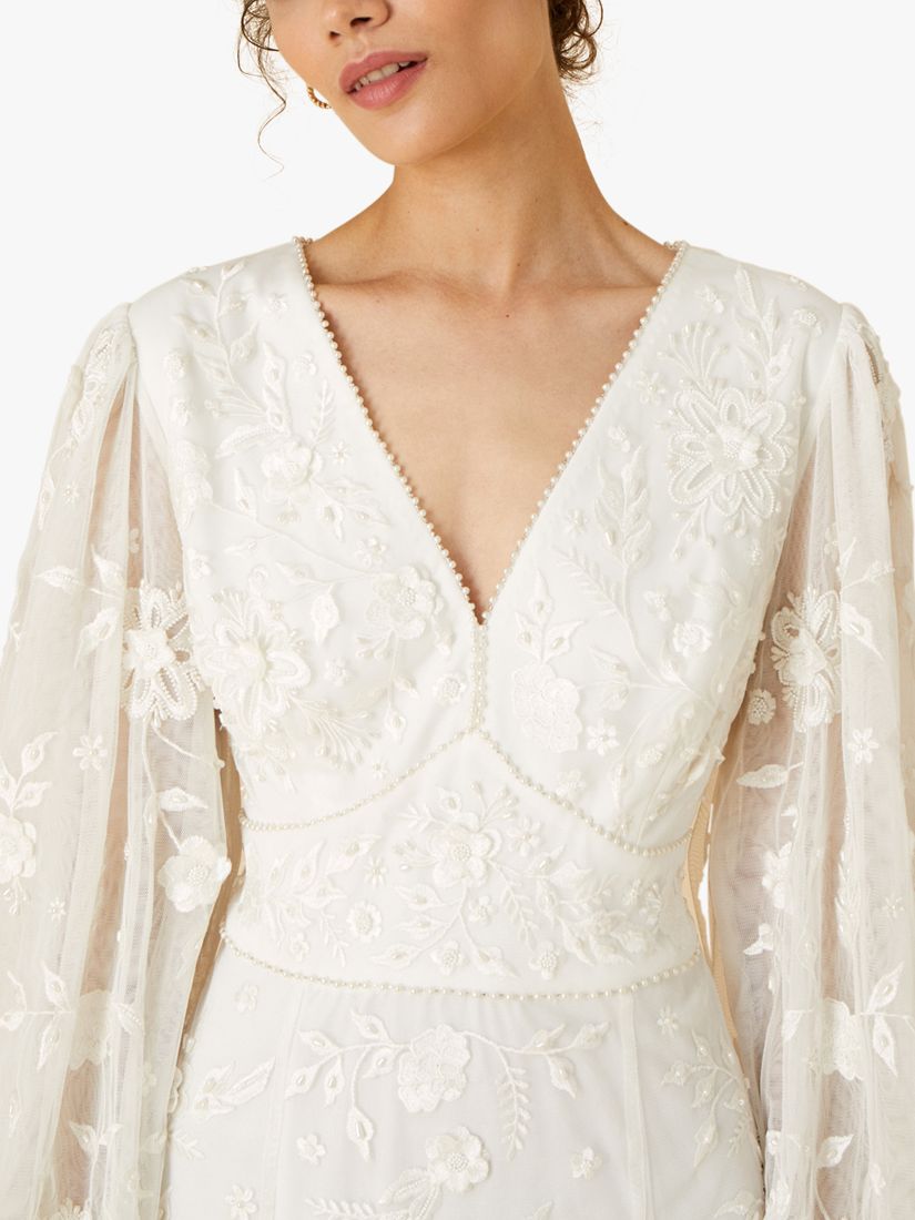 Monsoon Floral Long Sleeve Wedding Dress, Ivory, 6