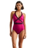 Boden Kefalonia Colour Block Halterneck Swimsuit, Pink, Pink