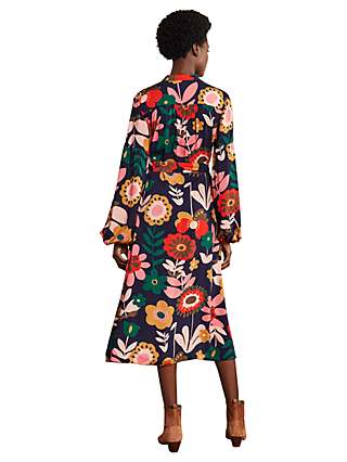 Boden Floral Print Blouson Sleeved Midi Dress, Navy/Floral Bloom