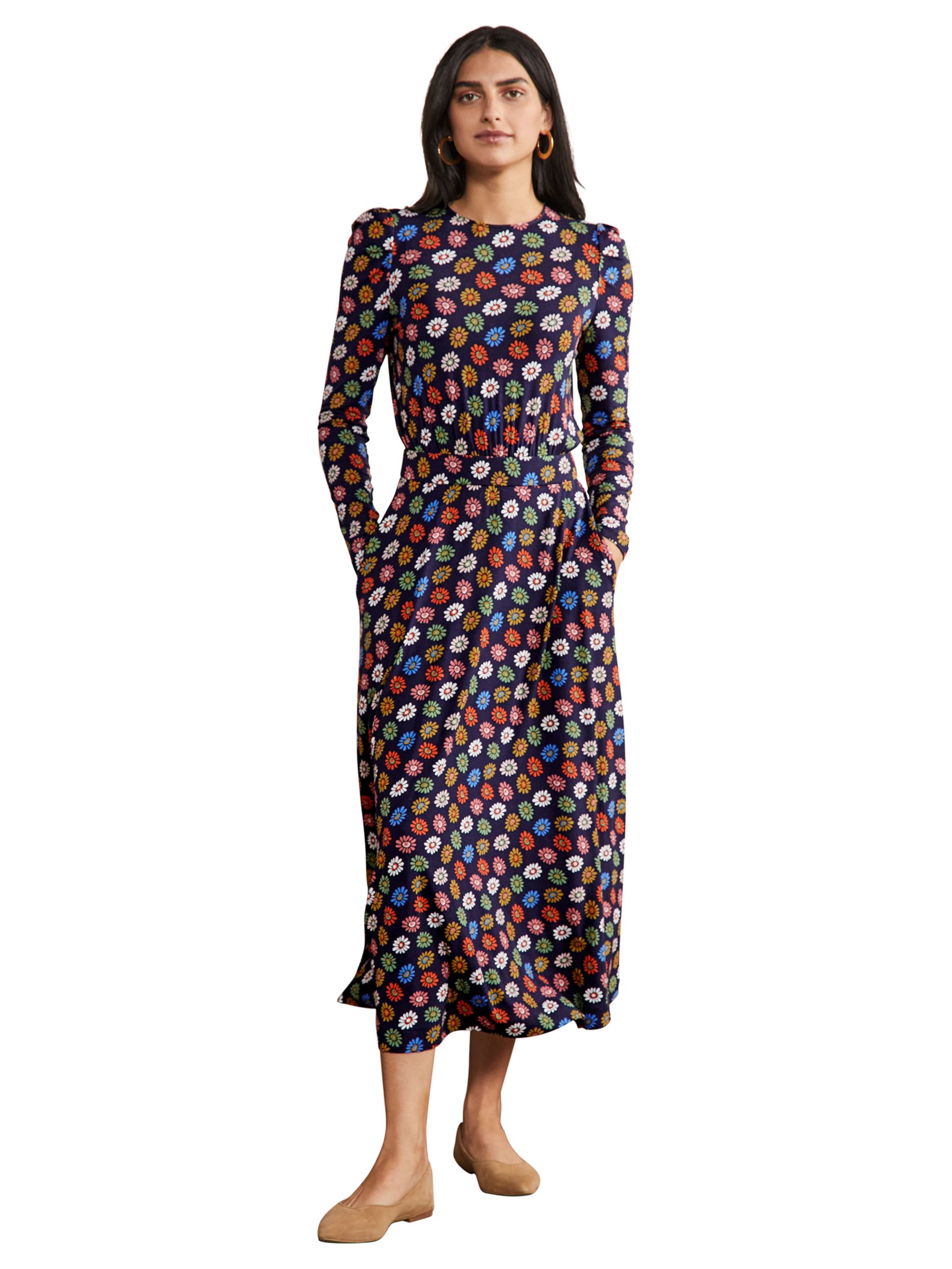 Boden Floral Print Puff Sleeve Jersey Midi Dress, French Navy/Rainbow, 18