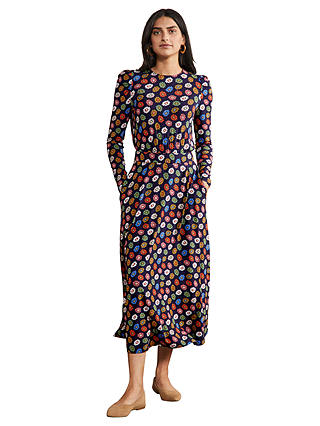 Boden Floral Print Puff Sleeve Jersey Midi Dress, French Navy/Rainbow