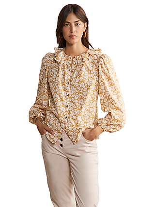 Boden Pleated Collar Floral Blouse, Brioche/Bloom