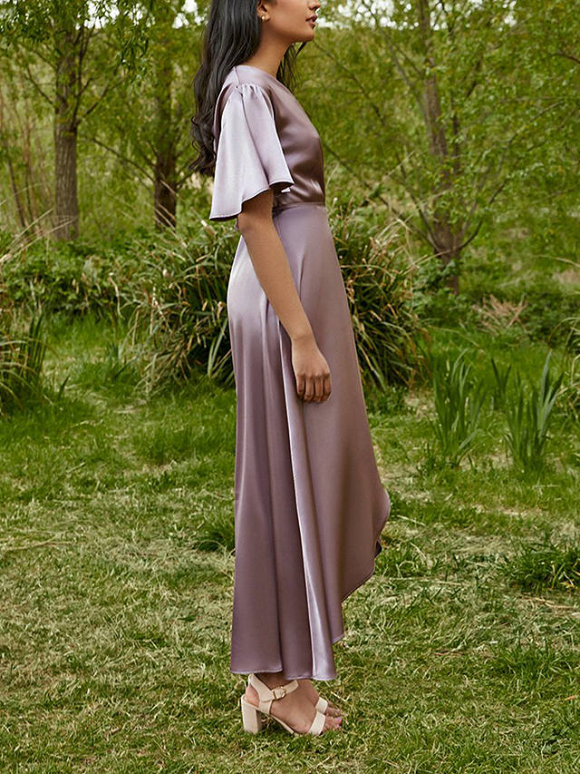 Rewritten Florence Waterfall Hem Satin Wrap Dress, Mink