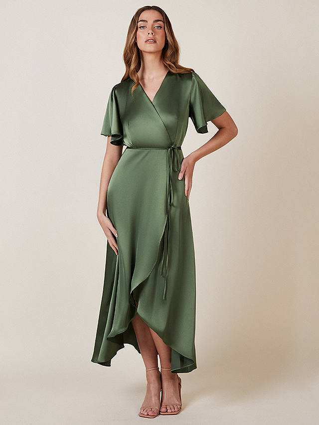 Rewritten Florence Waterfall Hem Satin Wrap Dress, Olive