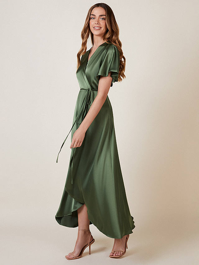Rewritten Florence Waterfall Hem Satin Wrap Dress, Olive