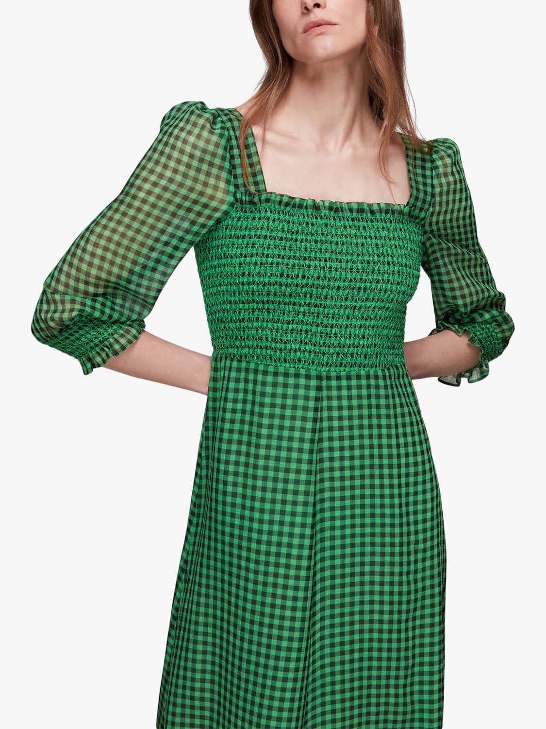 Whistles long sleeve maxi tea dress in neon green gingham