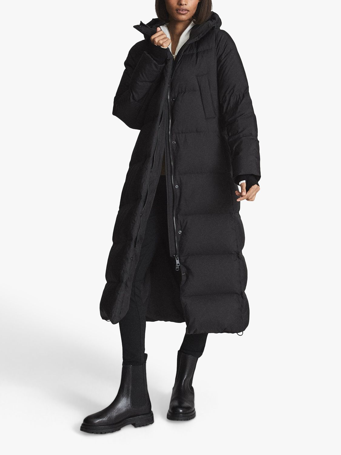 Reiss Tilde Long Quilted Coat, Black at John Lewis & Partners