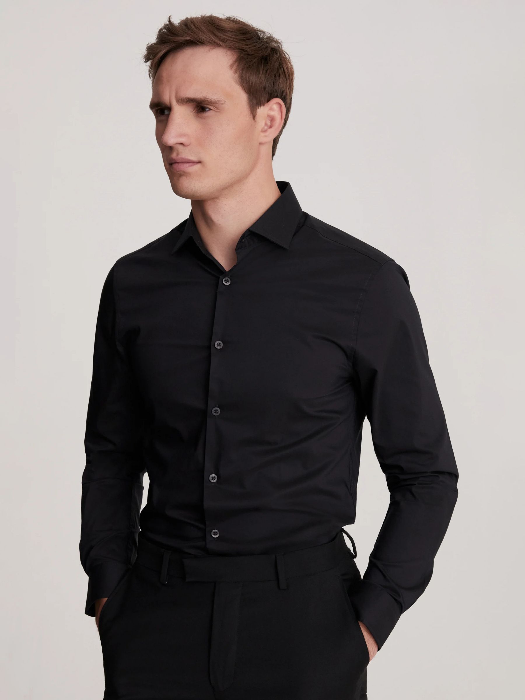 Moss Slim Stretch Shirt, Black at John Lewis & Partners