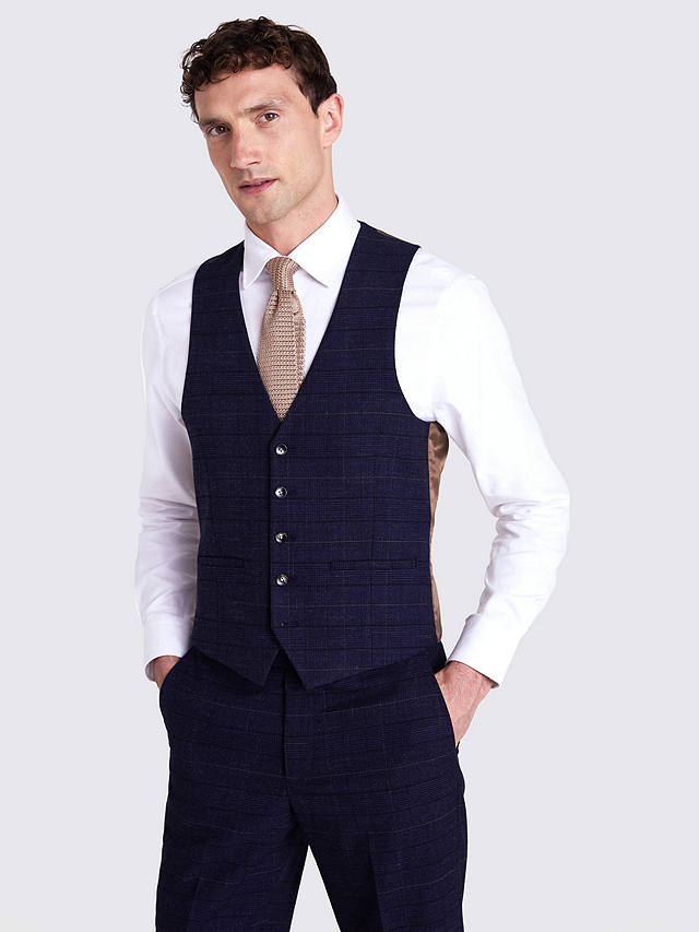 Moss Slim Fit Check Waistcoat, Navy/Taupe