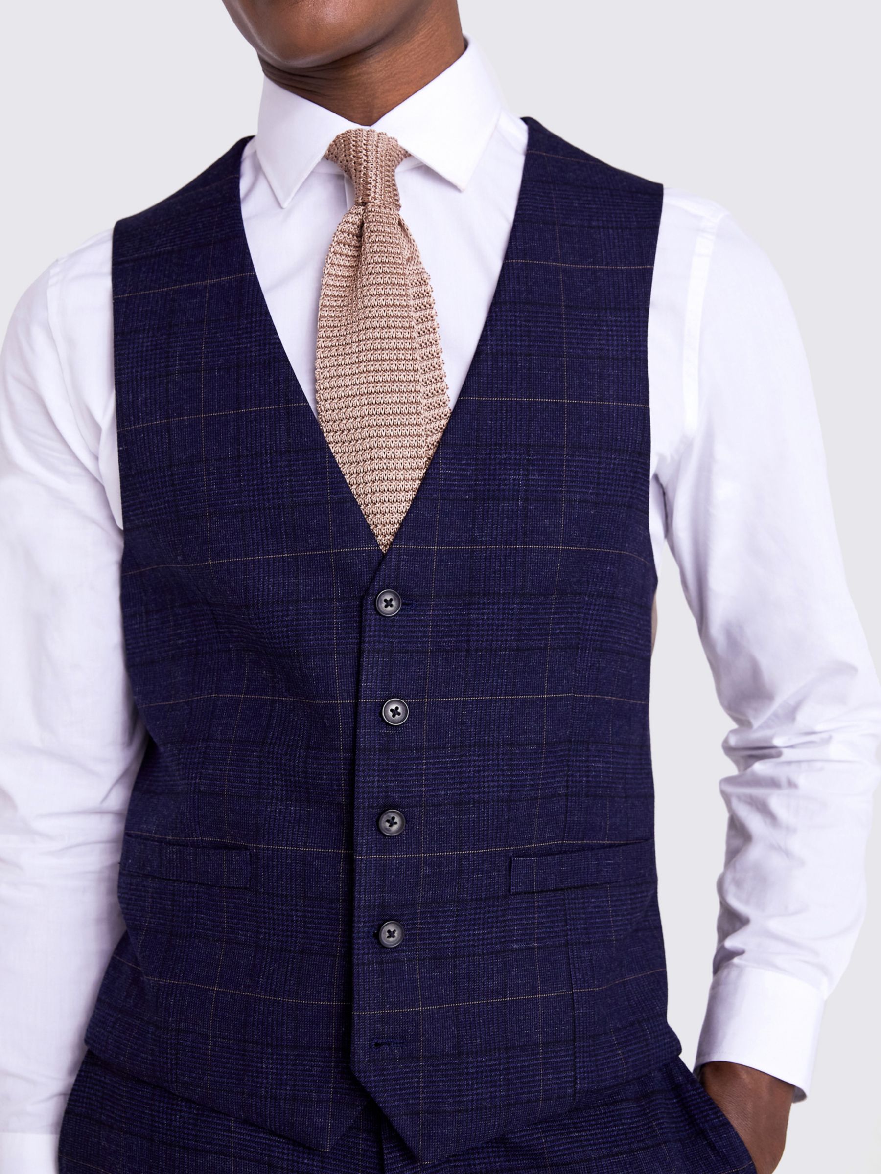 Moss Slim Fit Check Waistcoat, Navy/Taupe, 34R