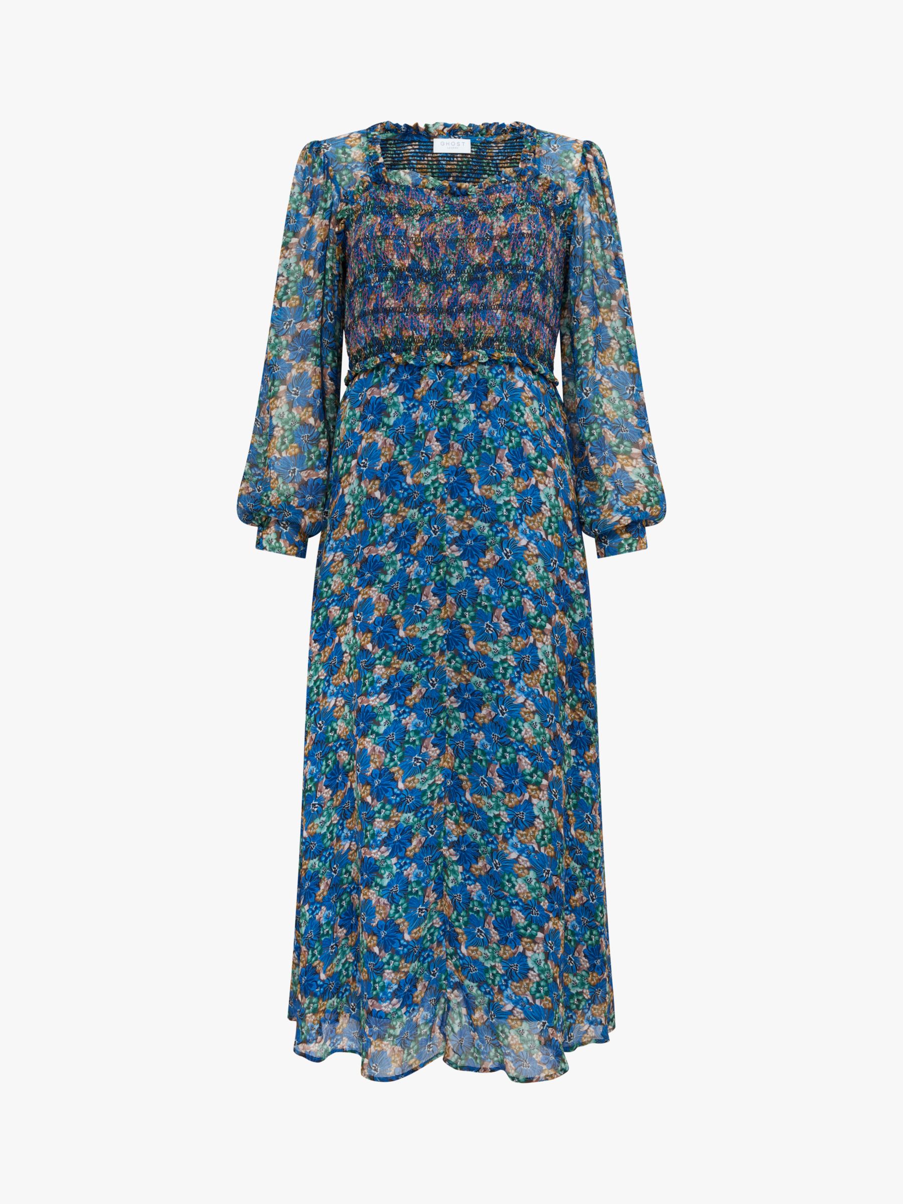 Ghost Emilia Floral Print Shirred Bodice Midi Dress, Blue/Multi at John ...