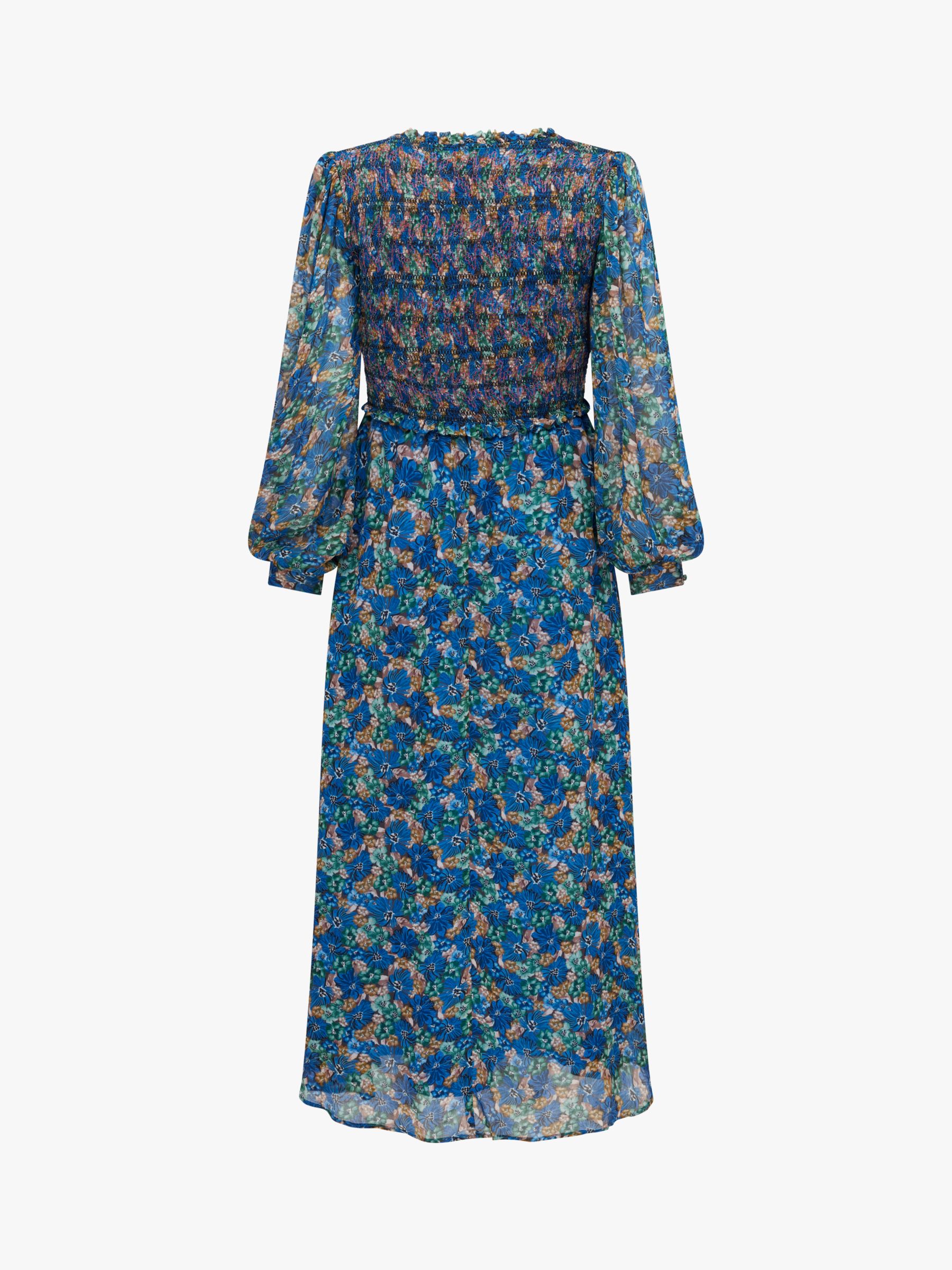 Ghost Emilia Floral Print Shirred Bodice Midi Dress, Blue/Multi, XS