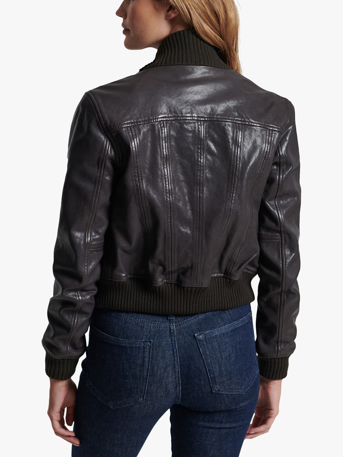 Superdry Knitted Collar Leather Bomber Jacket, Chocolate at John Lewis ...