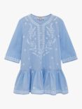 Trotters Lily Rose Kids' Embroidered Cotton Kaftan, Pale Blue/White