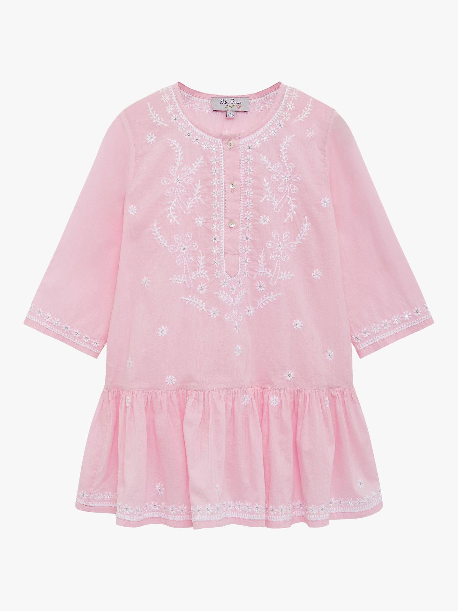 Trotters Lily Rose Kids' Embroidered Cotton Kaftan, Pale Pink/White, 2-3 years