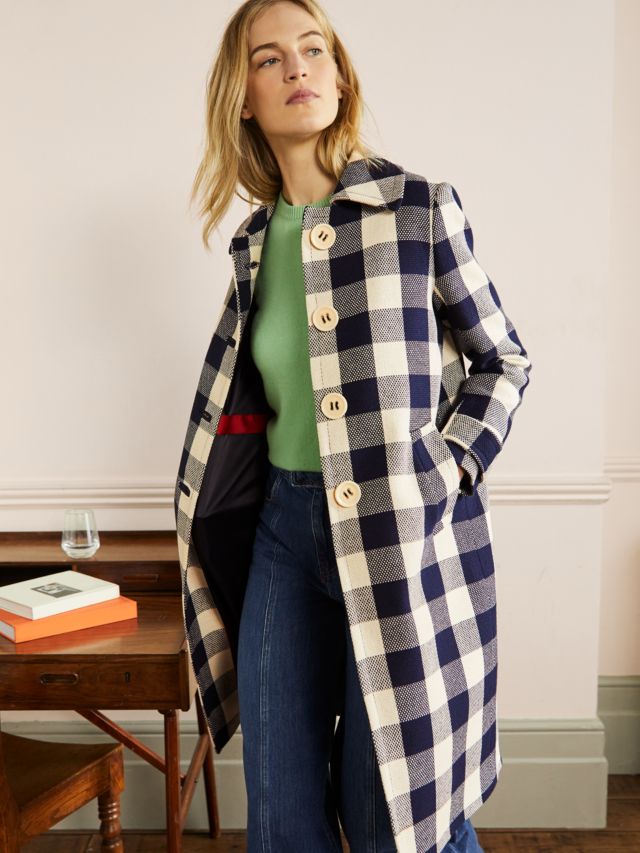 Boden Bonnie Gingham Coat, Navy/Ivory, 12