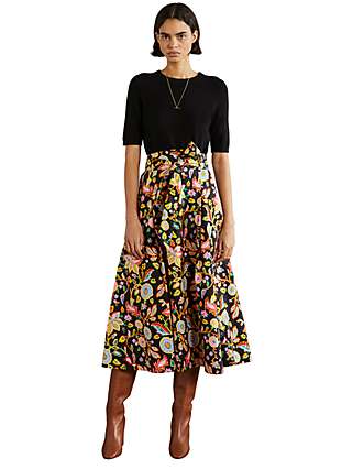 Boden Floral Cotton Midi Skirt, Black/Paradise