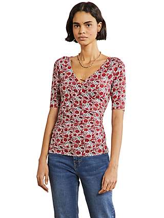 Boden Short Sleeve Wrap Floral Top, Red/Blue