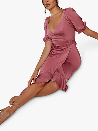 Chi Chi London Puff Sleeve Wrap Dress, Pink