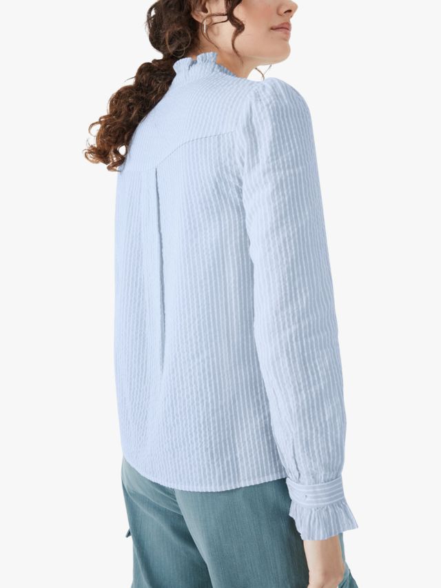HUSH Florence Stripe Frill Neck Cotton Shirt, Soft Blue, 6