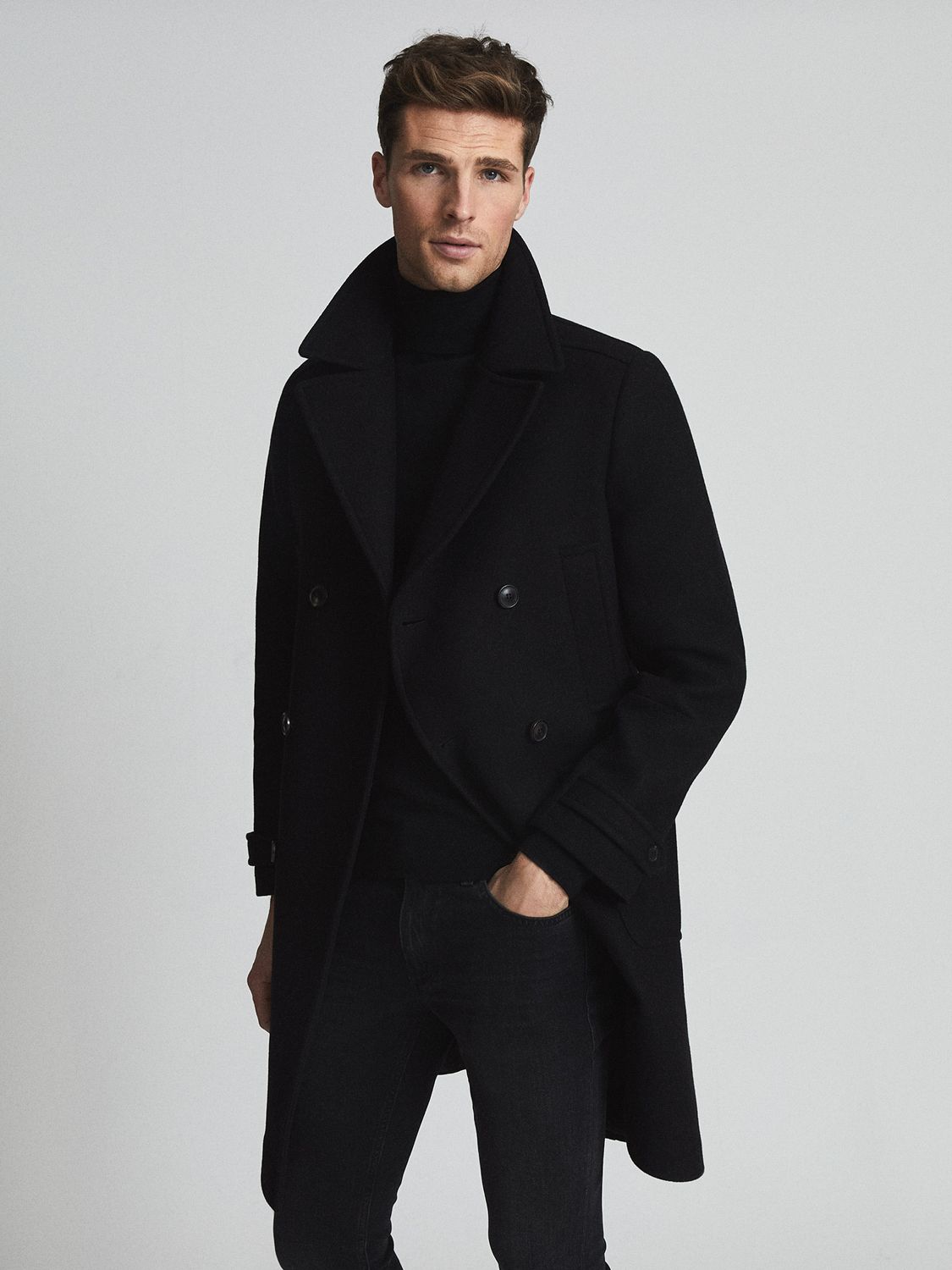Reiss Myers Wool Blend Double Breasted Tailored Overcoat, Black