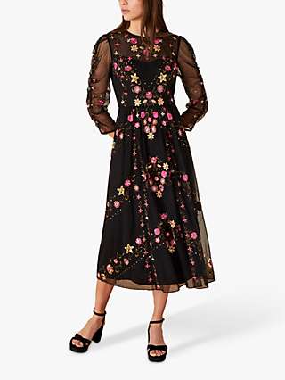 Monsoon Marcia Floral Embroidered Midi Dress, Black