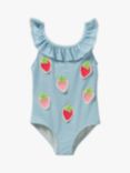 Mini Boden Kids' Strawberry Frill Waist Swimsuit, Blue/Ivory