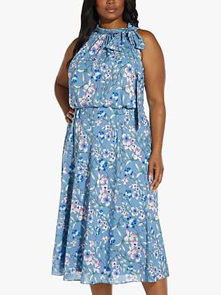 Adrianna Papell Plus Size Printed Tie Neck Halter Dress, Blue/Multi