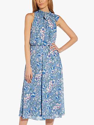 Adrianna Papell Floral Print Tie Neck Dress, Blue/Multi